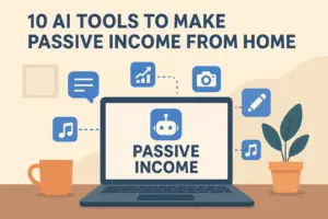 Laptop with AI icons representing tools to make passive income from home.