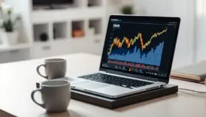 Laptop showing financial growth chart with two coffee mugs on a desk, symbolizing working from home and making money online in 2025.