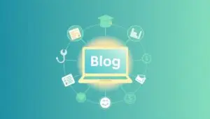 Laptop with “Blog” text surrounded by icons representing different blogging niches, illustrating 25 proven ways to monetize your blog in 2024.