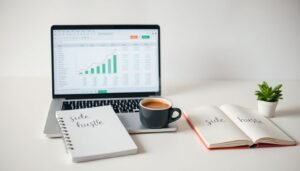 laptop with earnings dashboard, cash, notebook and coffee on desk.