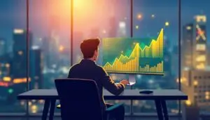 Businessman analyzing growth chart on screen at sunset, representing 5 ChatGPT prompts to make $200/day in 2025.