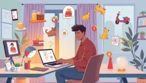 Side hustles for beginners. A person working from home on a laptop, surrounded by icons representing various side hustle ideas such as pets, delivery services, and online work.