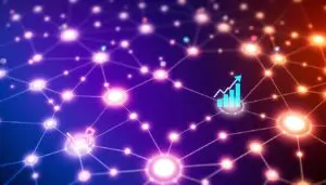 Network connections with e-commerce and growth chart symbols representing the relevance of affiliate marketing in modern digital strategies.
