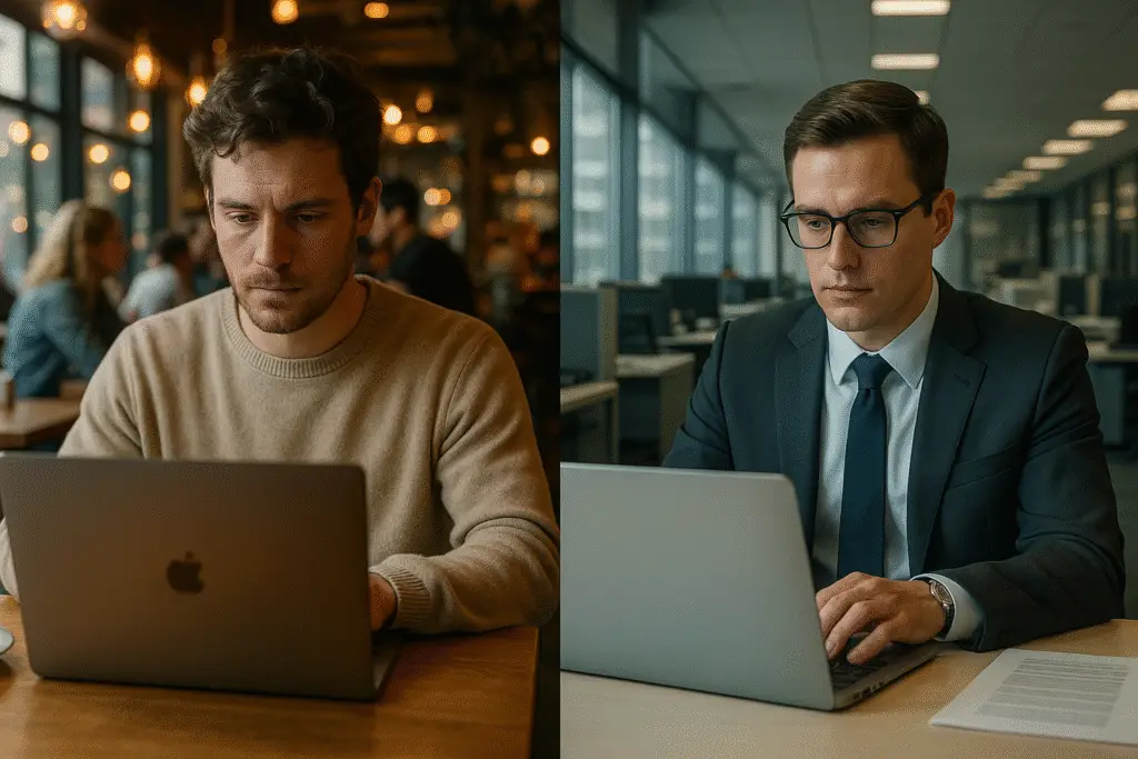 Freelancing Vs. Full-Time Job: Side-by-side comparison of remote freelancer and office worker in 2025.