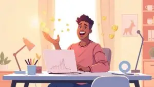 Make your first $100 online with easy steps - person showing money floating around while working from a laptop.