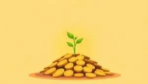 Concept of passive income with a plant growing from a pile of gold coins representing financial growth.