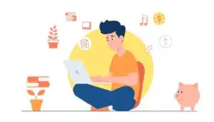 A student using a laptop to research passive income ideas for students