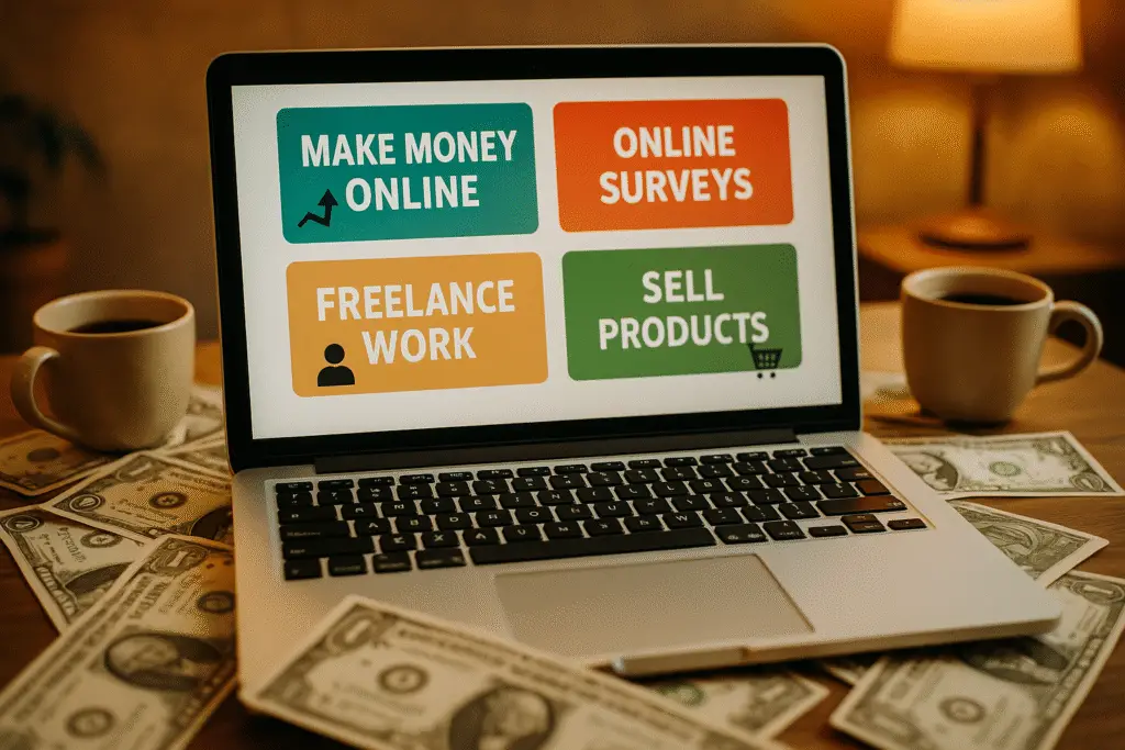 Laptop displaying options to earn money online including online surveys, freelance work, and selling products, surrounded by dollar bills and coffee mugs.