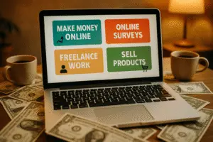 Laptop displaying options to earn money online including online surveys, freelance work, and selling products, surrounded by dollar bills and coffee mugs.