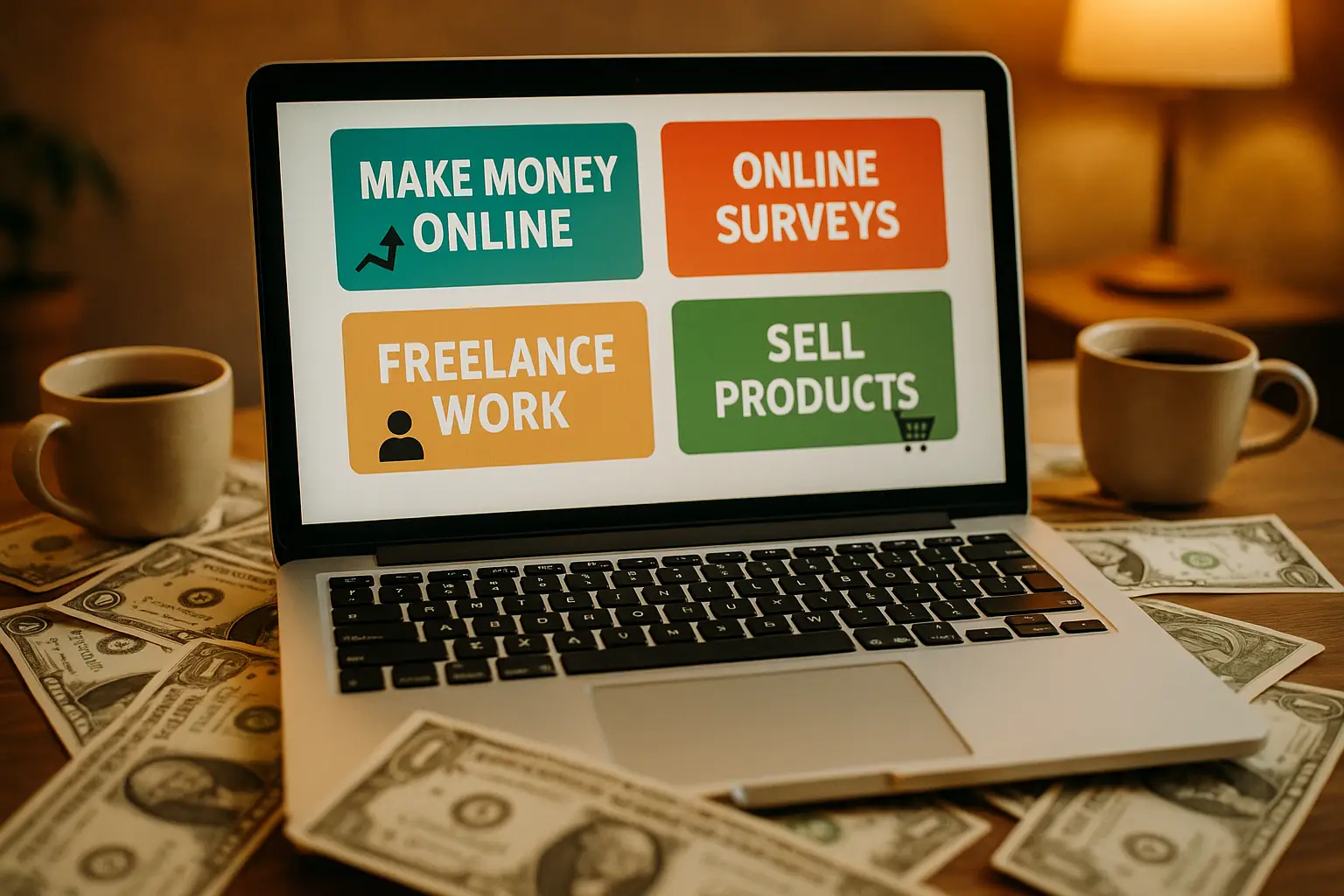 Laptop displaying options to earn money online including online surveys, freelance work, and selling products, surrounded by dollar bills and coffee mugs.