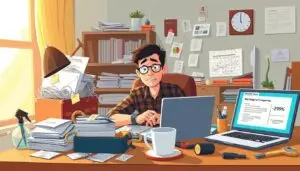 Person stressed at desk surrounded by piles of paperwork, reflecting common mistakes beginners make in side hustles.