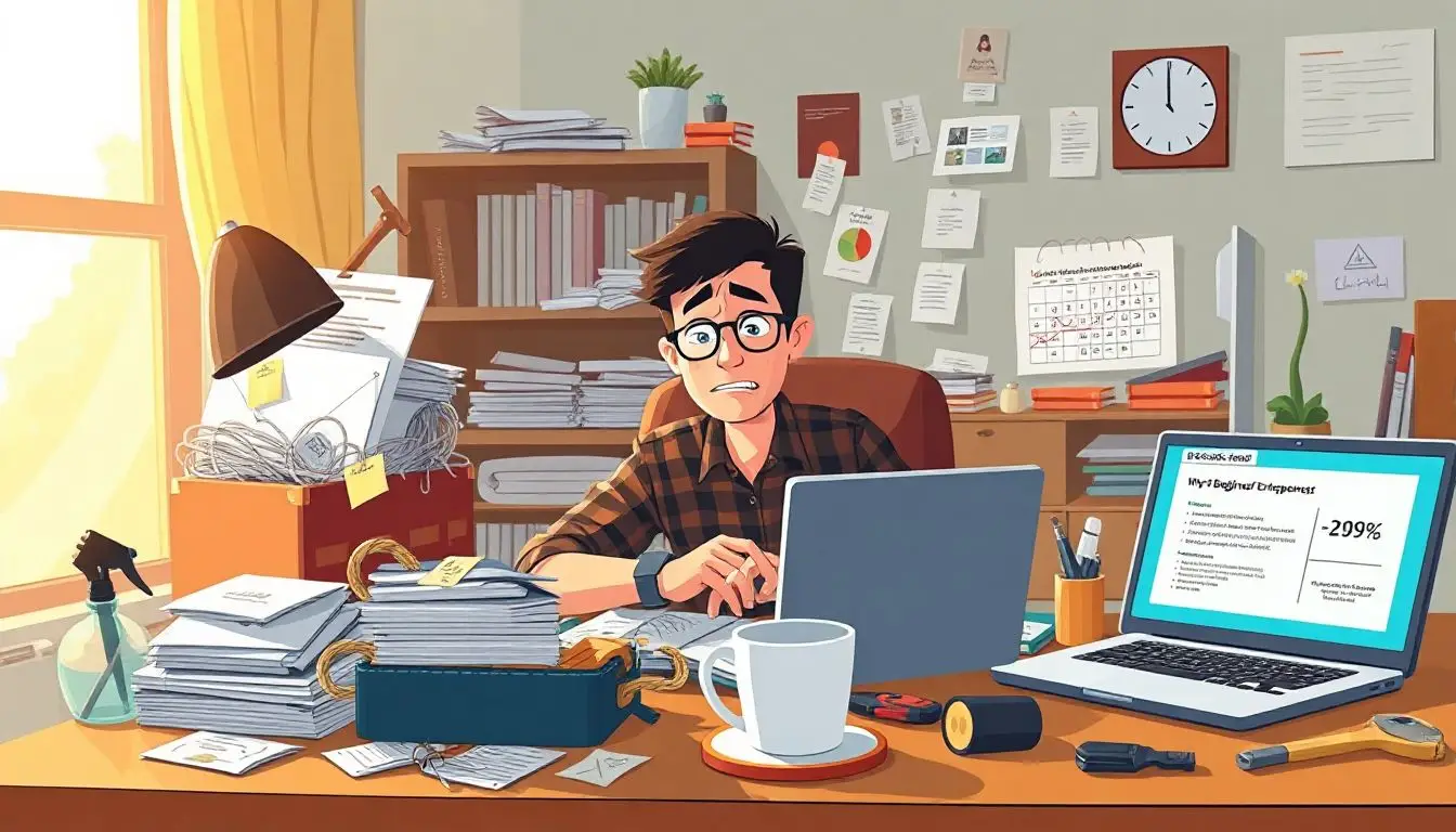 Person stressed at desk surrounded by piles of paperwork, reflecting common mistakes beginners make in side hustles.