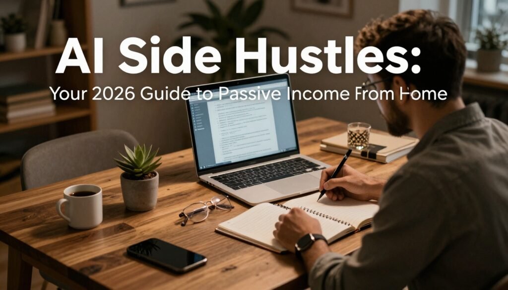 Person working from home on a laptop and notebook, researching AI side hustles for building passive income using artificial intelligence.